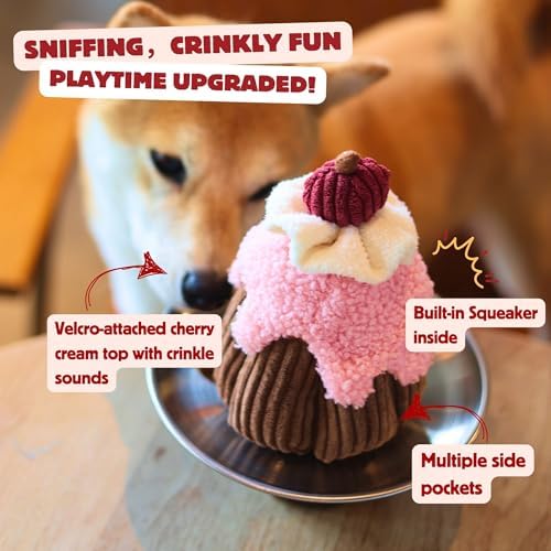 Dog Enrichment Snuffle Toy, Interactive Dog Puzzle Toy for Nose Work, Squeaky Crinkle Plush Hide and Seek Treat Dispensing Toy Puppy Birthday Cake for Small Medium Large Dogs
