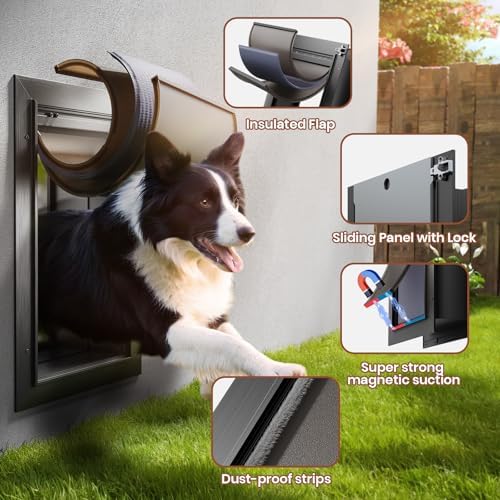 3-Flap Insulated Aluminum Large Dog Door for Wall | Pets Up to 110 LB, Heavy-Duty Telescoping Tunnel, Magnetic Design, Dustproof & Rustproof, Dual Security Locks & Closing Panel