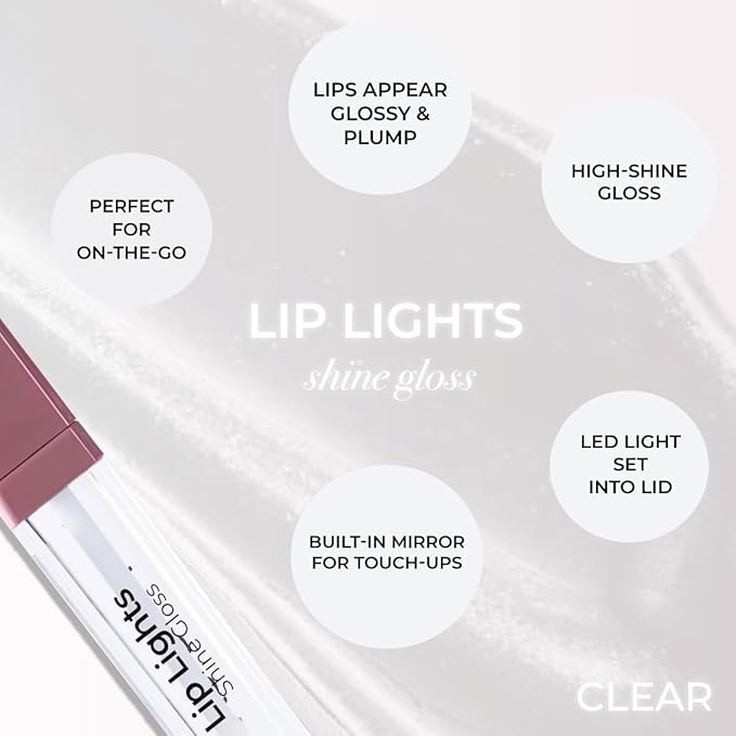 MCoBeauty - Lip Lights Shine Gloss - Clear Lip Gloss - High Shine Glass-Like Finish with Built-In LED Light & Mirror - Moisturising Lightweight - Face Makeup