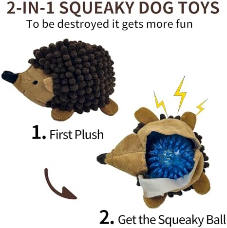 2-in-1 No-Stuffing Hedgehog Dog Toys 3 PCS, Squeaky Ball for Throwing Play | Interactive Chewing Toys for Medium and Small Pets, Durable Plush for Companion, Keep Puppy Busy, Holiday Gift