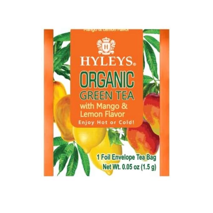 HYLEYS Organic Green Tea, Mango and Lemon Flavor - 25 Individually Wrapped Tea Bags - USDA Organic - Kosher & Vegan
