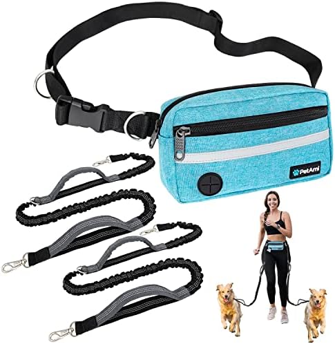 PetAmi Hands Free Dog Leash Waist Belt Bag Fanny Pack, Double, Sea Blue