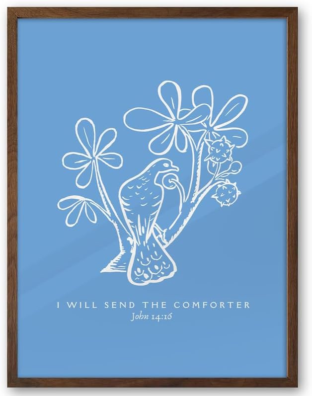 EcoHest 12x16 in John 14:16 I Will Send The Comforter Christian Wall Art | Walnut Color Solid Oak Frame， Canvas Wall Art, Bible Verse Holy Spirit Floral Decor for Bedroom, Living Room, Office, 1Pack
