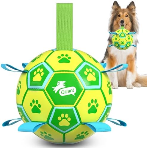 QDAN Dog Toys Soccer Ball, Durable Dog Balls with Strap for 30-90 lbs Dogs | 8 Inch Soccer Toy with Tabs, Training Herding Balls for Outdoor, Dog Tug Toy for Tug of War, Puppy Birthday Gifts, Green