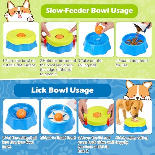 2in1 Dog Lick Bowl with Rolling Ball,Slow Feeder for Dogs & Cats