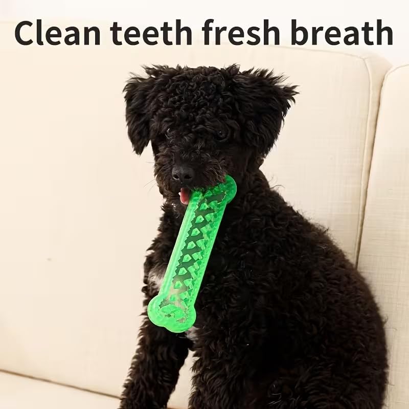 Interactive Dog Bone Toy, Green TPR Rubber, 6.3 Inch Dental Chew with Hidden Treat Compartment, Puzzle Food Dispenser for Small and Large Dogs (Green, Large)