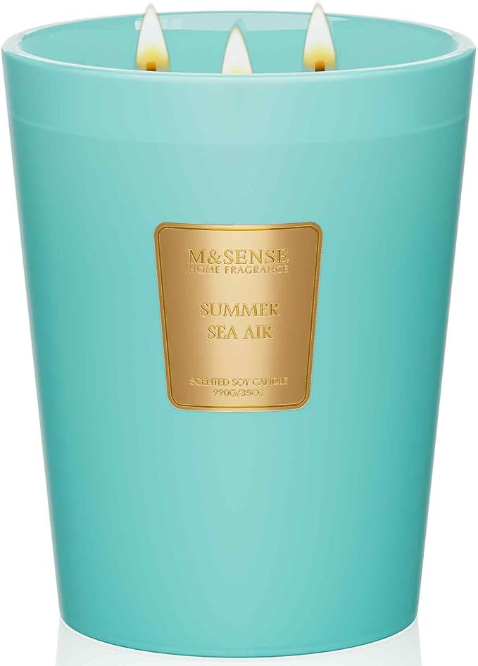 M&SENSE Summer Sea Air Scented Candle, 35oz 3 Wick Extra Large Natural Soy Wax Candles 150 Hours Long Lasting Slow Burning, Candles Gift for Summer Home Decor
