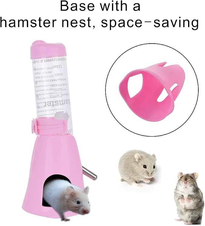 Guardians Hamster Water Bottle, Little Pet Automatic Drinking Bottle with Food Container Base Hut Hanging Water Feeding Bottles Auto Dispenser for Small Animals (125ml,Pink)