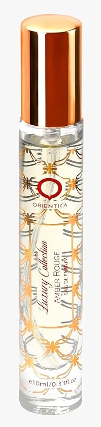 Orientica Luxury Collection Amber Rouge 4-Pc Gift Set Eau De Parfum - Woody, Amber, Saffron, Praline, Jasmine, Orange, Oak Moss, Seaweed - Arabic Perfume for Women - (2.7oz, 7.5ml & 2 X 10ml spray)