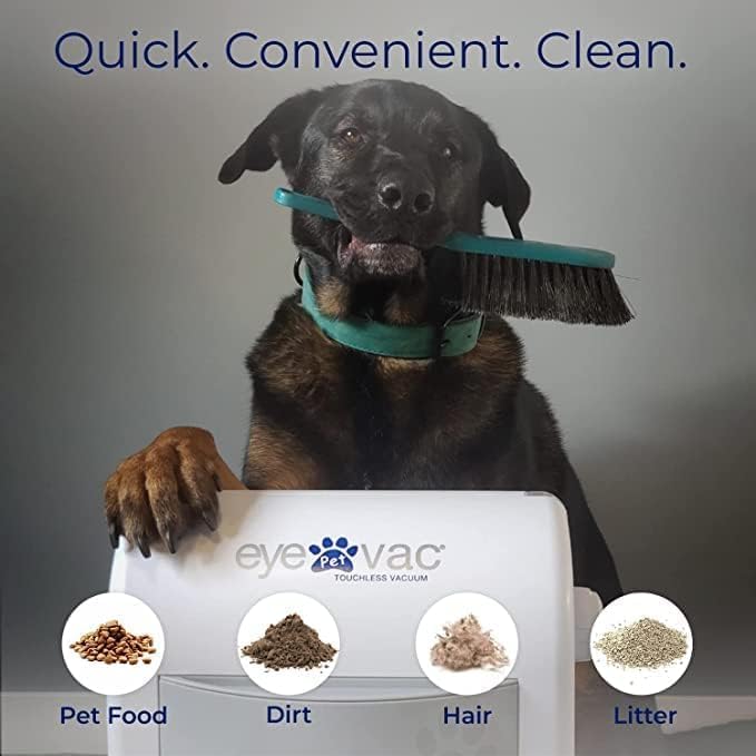 EyeVac Pet & Squeegee Broom Bundle - Touchless Vacuum Automatic Dustpan with Multisurface Sweeping Broom, Corded Bagless Vacuum, 1400 Watt for Cat Dog Pet Hair, Dirt, Food Debris, Kitchen (White)