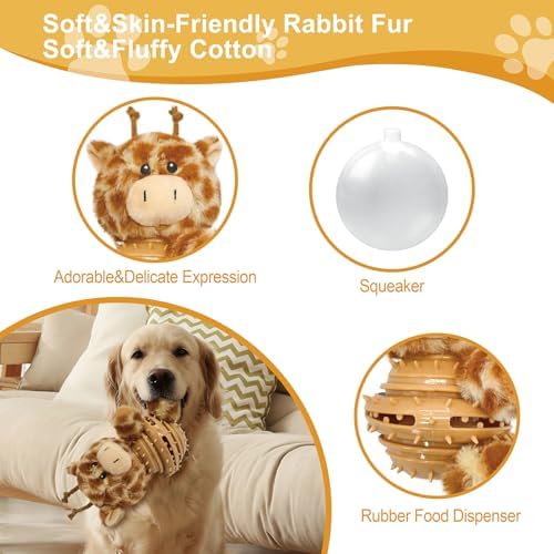 8.46 Inch Giraffe Squeaky Dog Toy with Rubber Treat Dispenser, Plush Chew Toy for Puppy Teething, Interactive Puzzle Toy for Small Medium Large Dogs