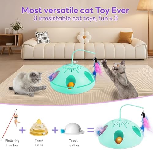 Cat Toys, Interactive Cat Toy for Indoor Cats, Automatic Interactive Kitten Toy, Fluttering Feather, Track Balls, Rotating Track Feather Enrichment Kitty Toys for Multi-cat Family (Green)