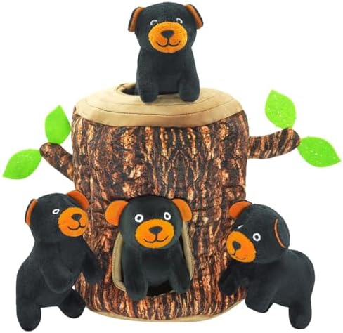 Hide and Seek Dog Toys Squeaky Bear Plush Toy with Crinkle Trunk, Interactive Dog Toy to Keep Them Busy Pet Teeth Clean Chew Toys for Small & Medium Dogs (Tree Trunk Hideout with 4 Bear)