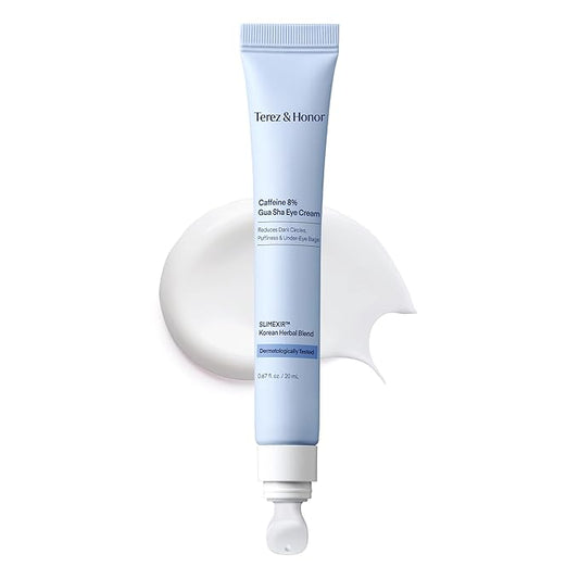 TEREZ & HONOR 8% Caffeine Eye Cream with SLIMEXIR™ & Korean Herbal Blend – Dermatologist Tested Formula for Dark Circles, Puffiness, Eye Bags & Wrinkles with Gua Sha Applicator, 0.67 fl oz