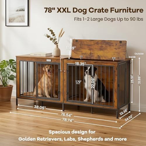 78" XXL Dog Crate Furniture for Medium and Large Dogs, Wooden Indoor Dog Kennel with Removable Divider, Flip-Top Opening, 3 Doors, Indoor Dog Crate Cage House for Home