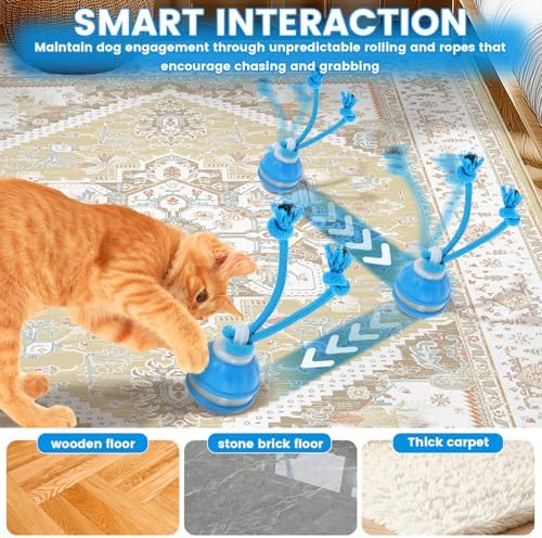 Interactive Dog Toy with Rope, 2026 Upgraded 3 Modes 360° Smart Automatic Rolling Moving Rechargeable Moving Fetch Dog Toy Ball for Boredom(Blue)