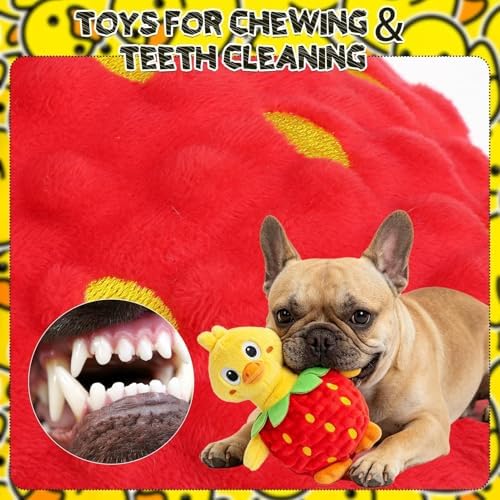 EXPAWLORER Interactive Squeaky Dog Chew Toy, 2-in-1 Detachable Strawberry & Duck Dog Toys, Stuffed Soft Plush Crinkle Fetch Toy with Squeakers in Head & Body for Puppy Small Medium Dogs, Yellow & Red