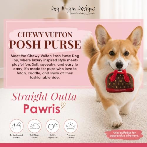 Dog Diggin Designs Chewy Vuiton Posh Purse Plush Dog Toy | Luxury-Inspired Parody Designer Handbag with Squeaker, Soft Plush Fashion Dog Toy – Haute Couture Purses & Handbags