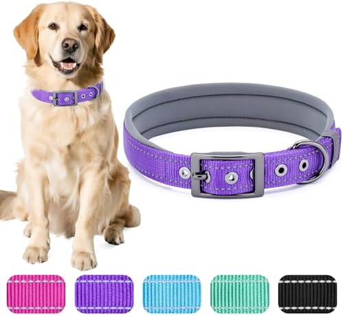Segarty Reflective Thick Dog Collar for Large Dogs, Adjustable Wide Soft Comfortable Breathable Neoprene Padded Nylon Collar with Heavy Duty Metal Buckle for Large Medium Breeds (L, Purple)