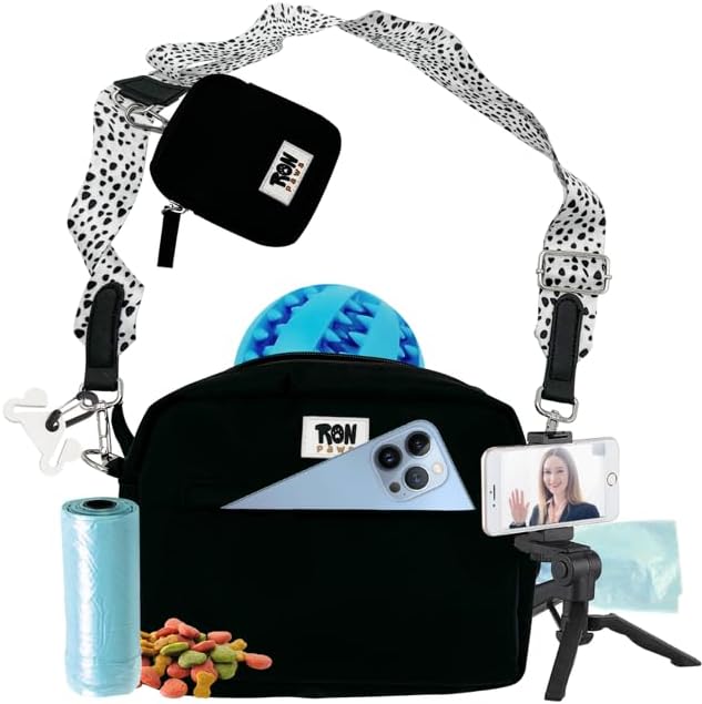 Hands-Free Dog Walking Crossbody for Training, Treat Pouch, Built-in Poop Bag Dispenser, Used Bag Hook & Bonus Tripod (Black)