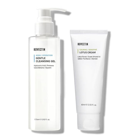 ROVECTIN Calming Lotus Water Cream (2.1 fl.oz, 60ml) Moisturizer + Aqua Cleansing Gel (5.9 fl. oz, 175ml) pH| Bundle [2 Pack]