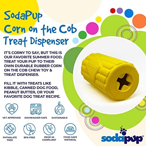 SodaPup Corn on the Cup – Durable Dog Treat Dispenser & Chew Toy Made in USA from Non-Toxic, Pet Safe, Food Safe Natural Rubber material for Mental Stimulation, Problem Chewing, Calming Nerves, & More