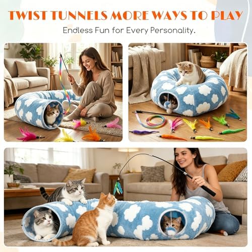 Cat Tunnel Bed with Toys – Large Collapsible Play Tube (Blue)