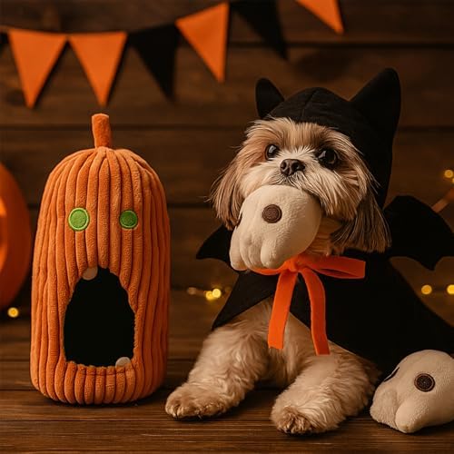 Nocciola Halloween Dog Toys 4 PCS, Pumpkin + 3 Skull Squeaky Dog Toy for Small Puppy Dog to Keep Them Busy, Durable Plush Hide and Seek Dog Toys for Small Medium Dogs