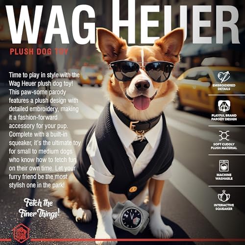 Wag Heuer – Luxurious Parody Plush Dog Toy with Squeaker, Premium Fabric, Embroidered Details, Designer-Inspired Chew Toy, Fun Gift for Small Dogs & Dog Lovers