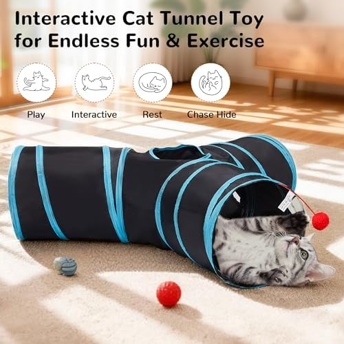 Tempcore Cat Tunnel, 3-Way Collapsible Toy, Medium Size Black & Blue