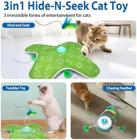 Muhhiba Interactive Cat Toys Rechargeable, Hide and Seek Kitten Toy with Touch Activated, Moving Concealed Feather, Tumbler Toy Design, Automatic Cat Toys for Indoor Cats to Chase and Exercise