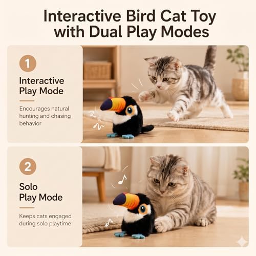 Flapping Bird Cat Toy, Toucan Plush Touch Activated Bird Chirp Cat Toy with Refillable Catnip, USB Rechargeable Interactive Kitten Exercise Toy,4.92"(No Flying)