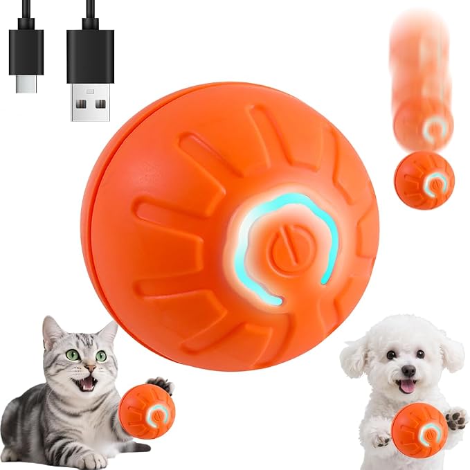 BIONEMAGILI Interactive Self-Moving Pet Toy Ball - Motion-Activated Auto Rolling, Military-Grade Chew Resistant, USB-C Rechargeable for Small Dogs & Cats (Orange/S/New3)