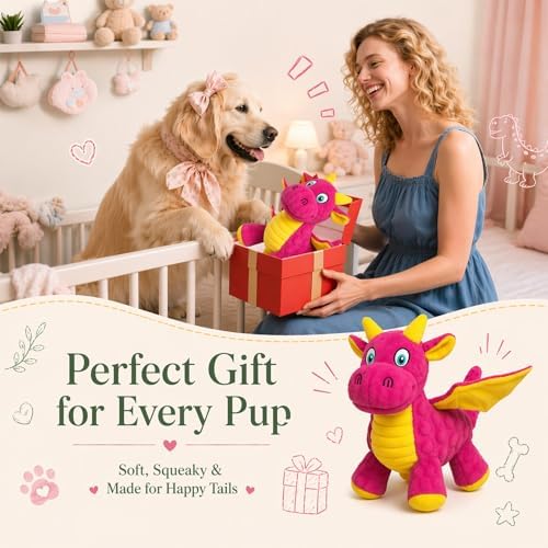 Squeaky Dog Toy - Plush Dragon with 5 Squeakers and Crinkle Wings