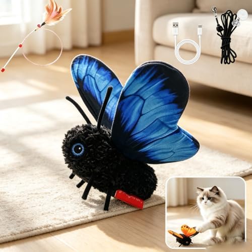Smart Sensing Flapping Butterfly Cat Toys Interactive, Rechargeable Motion-Activated Butterfly with Realistic Flapping Wings, Electric Hanging, Indoor Cat Enrichment Toy, Soft Plush for Solo Play，blue