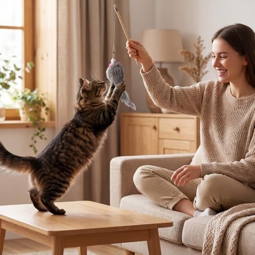 18 Pack Natural Rabbit Fur Cat Toy Refills, Mouse Tail Fur Ball Shaped Cat Toys, Interactive Cats Wand Toy Replacement Head with Secure Connector(Mouse)