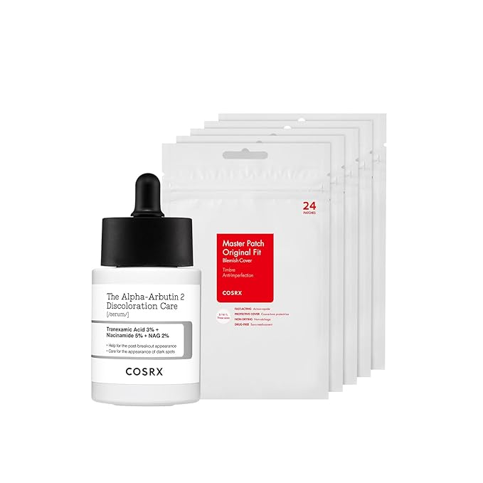 COSRX Acne Pimple Patch 5 Packs + 2% Alpha Arbutin Discoloration Care Serum