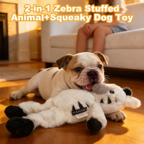 13.78 Inch Black White Zebra Squeaky Dog Toy, Plush Chew Toy with Bungee Legs for Puppy Teething, Indoor Outdoor Interactive Toy for All Dog Sizes