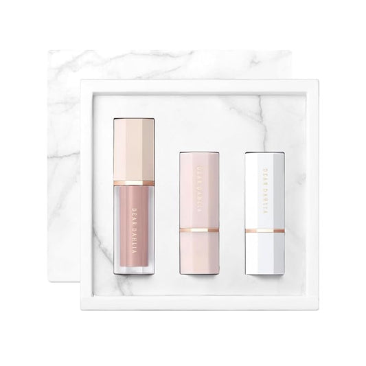 DEAR DAHLIA Vegan Makeup Mini Trial Kit | Petal Drop Liquid Blush Mini & Paradise Sensual Lip & Paradise Sheer Dew Lipstick - Weightless Buildable Blush | Natural Glow Lipsticks.