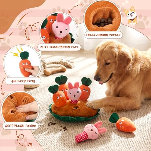 Skylety 7 Pcs Interactive Dog Toys Set, Snuffle Mat for Dogs, Treat Hiding Puzzle and Squeaky Plush, Carrot Bunny Dog Toys for Small Medium Dogs, Training and Boredom Relief Plaything
