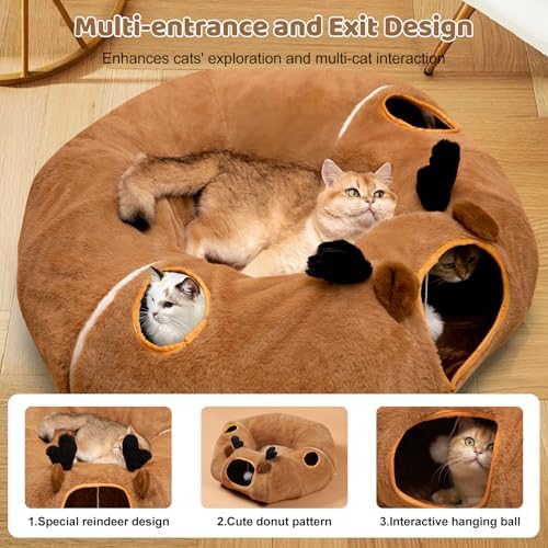 Cat Tunnel Bed with 20 Pcs Interactive Toys, 3-in-1 DIY Collapsible Plush Cat Tube with Washable Mat, Large Indoor Play Tunnel Cave for Kittens and Small Animals