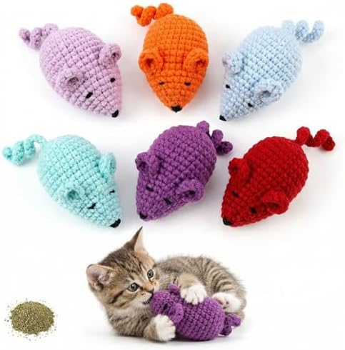 Catnip Toys Crochet Mouse, 6 Pcs Yarn Cat Nip Mice Safe Teeth Cleaning Chew Toy for Indoor Kittens Kitty, Adult Cats Interactive Catnip Cat Kicker Toys Anxiety Relief