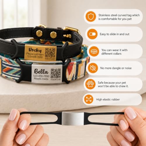 Personalized QR Code Pet ID Tag – Silent Slide-On Name Tag for Dogs and Cats – Scannable Lost and Found Smart Tag – Custom Engraved Pet Identification for Collars and Harnesses