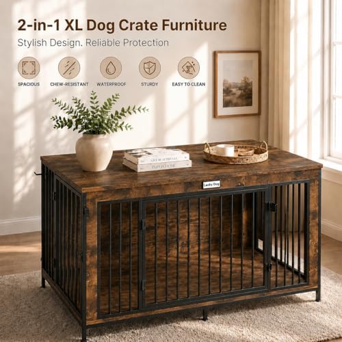 XL Dog Crate Furniture 48'' | Extra Large Heavy Duty Anti-Chew Dog Kennel | Rustic Wooden Entertainment Center & TV Stand with 400LB Top Capacity | Escape Proof Double Door Pet House