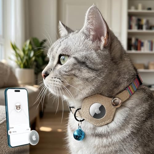 Breakaway Cat Collar with Leather AirTag Holder & Bell - Apple Air Tag Cat Collars for Girls & Boys, Lightweight Anti-Lost GPS Tracker Design, Printed Pattern - Safety and Adjustable (Serape)