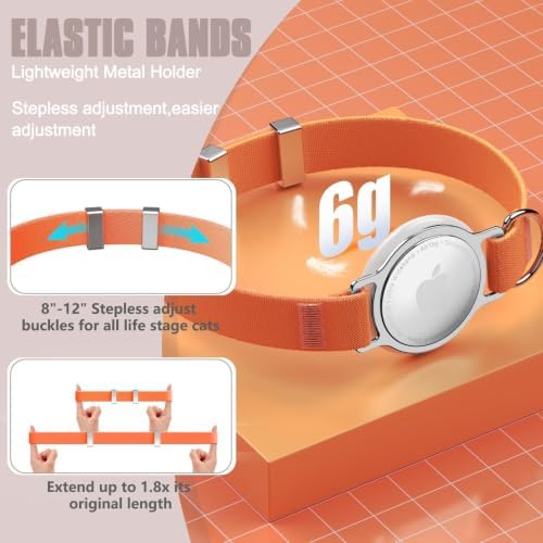 AirTag Cat Collar, Elastic Tracker Collar with Airtag Holder and Bell | Compatible with Apple Air Tag, Lightweight & Scratch Resistant, Adjustable Stepless GPS Pet Collar for Cats Kittens, Orange