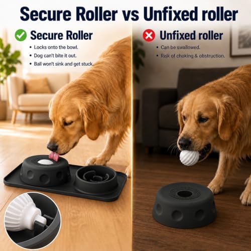 2-in-1 Slow Feeder Dog Bowl with Licking Rolling Ball, Leak-Proof One-Piece Dog Lick Bowl for Kibble and Liquid Treats, Anti-Choking Oval Ball Enrichment Toy for Boredom Anxiety Relief