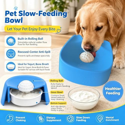 Dog Lick Bowl with Rolling Ball, Slow Feeder for Liquid Treats, Anti-Slip Interactive Dog Toy for Yogurt, Bone Broth & Milk, Anxiety Relief & Post-Op Nutrition, Large Medium Small Breeds (Blue)