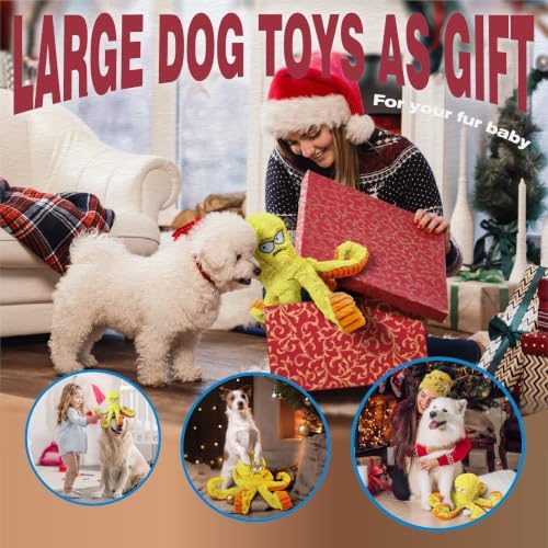 LEGEND SANDY Tough Dog Toys, Squeaky Large Dog Toy, Stuffed Puppy Chew Toys | Soft Fabric, Interactive Daily Companionship, Tug of War Doggie Toy, Training Reward, Crinkle Yellow Octopus
