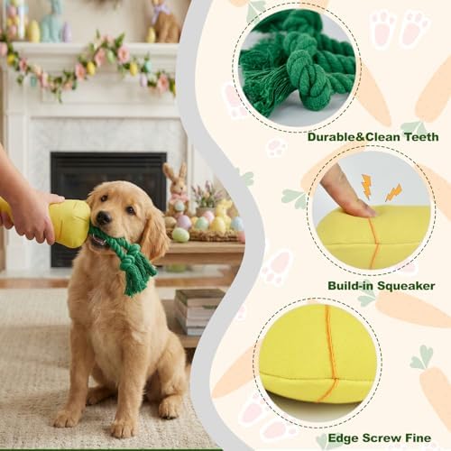 Easter Dog Squeak Toys Cotton Rope Carrot Interactive Stuffed Puppy Teething Toys Durable Canvas Chew Toys for Small Medium Dogs Tough Dog Gifts for Boredom(Carrot)